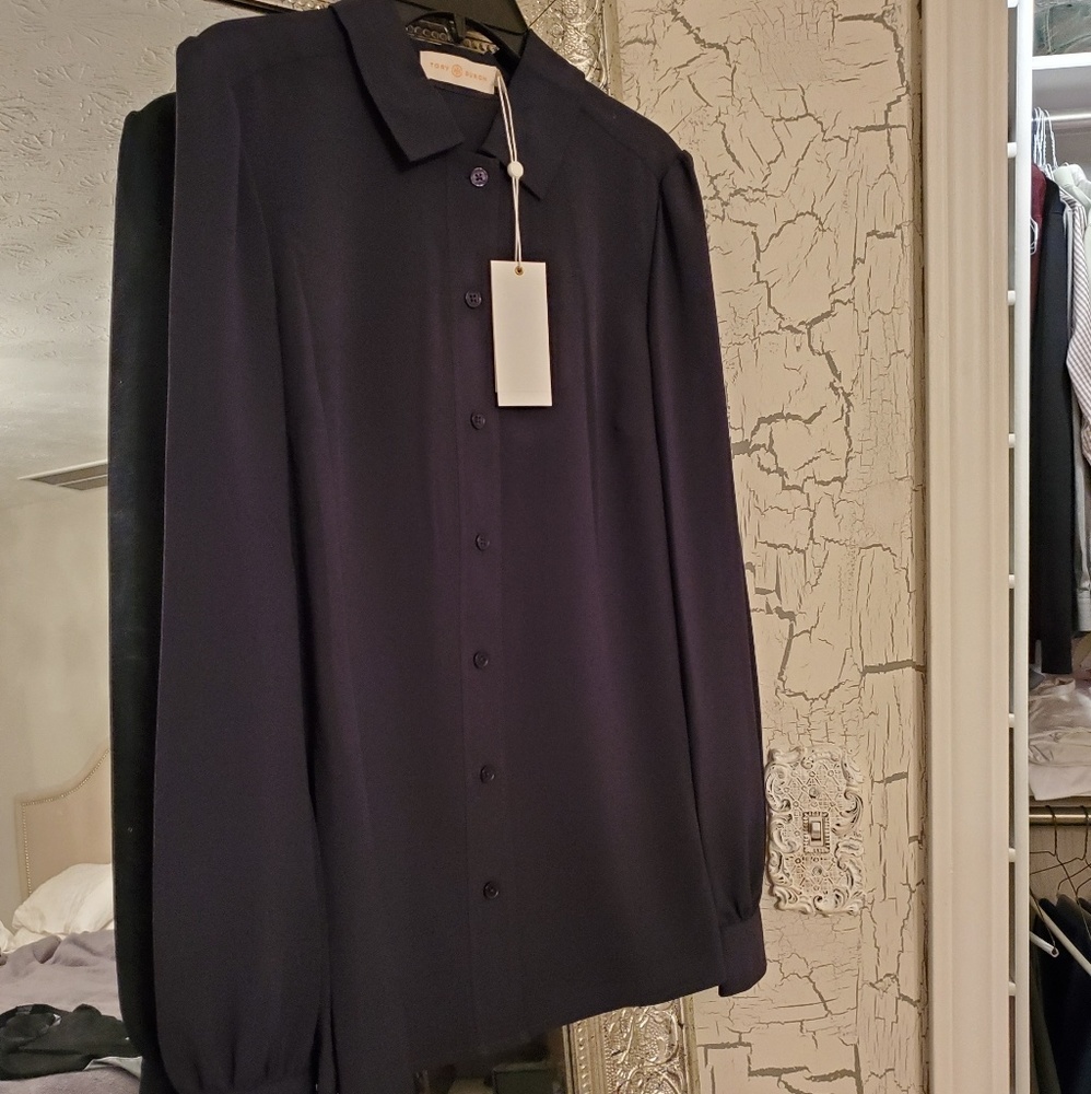 New Tory Burch button up navy blouse with tags